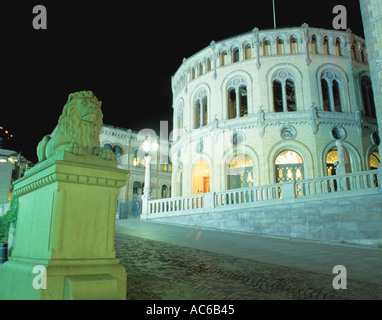 The Storting at night from Stortings Gata, Oslo, Norway. Stock Photo