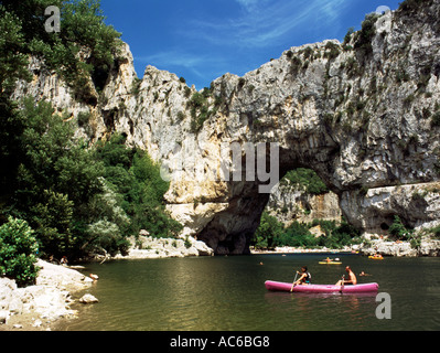 Canoing on the river Ardeche by Le Pont d'Arc Stock Photo