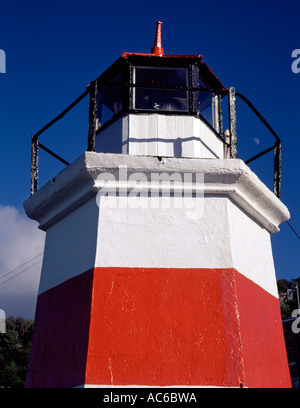 Close up looking up at the lighthouse at Crinan, at Lochgilphead, north west Scotland. Located on the Crinan Canal. Brightly coloured in red and white Stock Photo