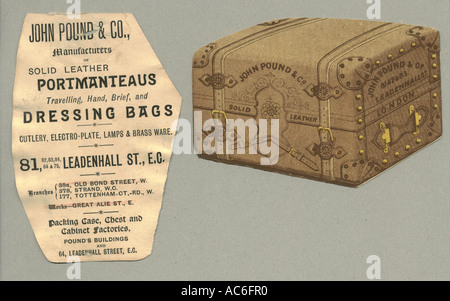 Die cut advertisement for leather luggage circa 1905 (and verso) Stock Photo