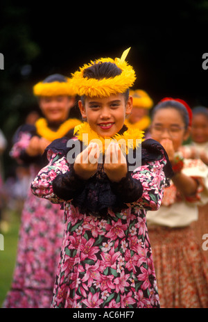 Hawaiians, Hawaiian girls, Hawaiian, girls, children, hula dance, hula dancers, Aloha Week, Plantation Village, Waipahu, Oahu Island, Hawaii Stock Photo