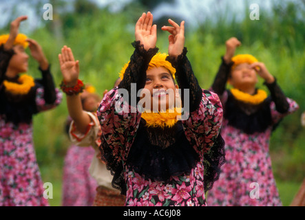 Hawaiians, Hawaiian girls, Hawaiian, girls, children, hula dance, hula dancers, Aloha Week, Plantation Village, Waipahu, Oahu Island, Hawaii Stock Photo