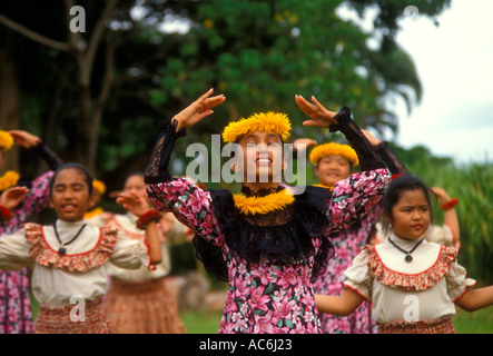 Hawaiians, Hawaiian girls, Hawaiian, girls, children, hula dance, hula dancers, Aloha Week, Plantation Village, Waipahu, Oahu Island, Hawaii Stock Photo