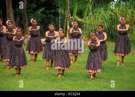 Hawaiians, Hawaiian girls, Hawaiian, girls, children, hula dance, hula dancers, Aloha Week, Plantation Village, Waipahu, Oahu Island, Hawaii Stock Photo