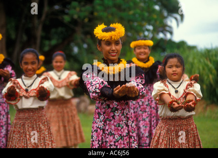 Hawaiians, Hawaiian girls, Hawaiian, girls, children, hula dance, hula dancers, Aloha Week, Plantation Village, Waipahu, Oahu Island, Hawaii Stock Photo