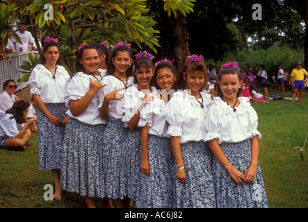 Hawaiians, Hawaiian girls, Hawaiian, girls, children, hula dancers, Aloha Week, Plantation Village, Waipahu, Oahu Island, Hawaii Stock Photo