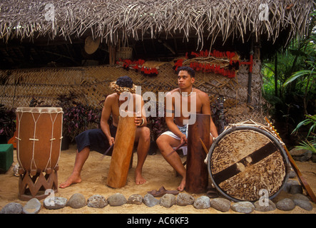 Tahitian men, drummers, drumming, Tahitian village, Polynesian Cultural Center, Laie, Oahu, Oahu Island, Hawaii, United States Stock Photo