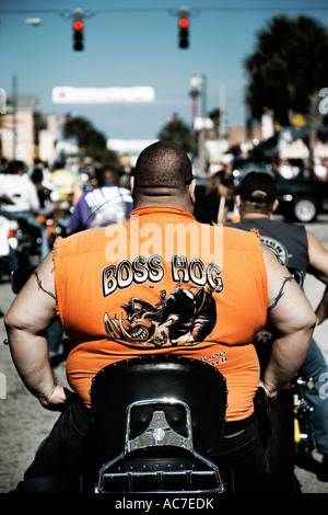 Fat rider on motorcycle at Daytona in America Stock Photo