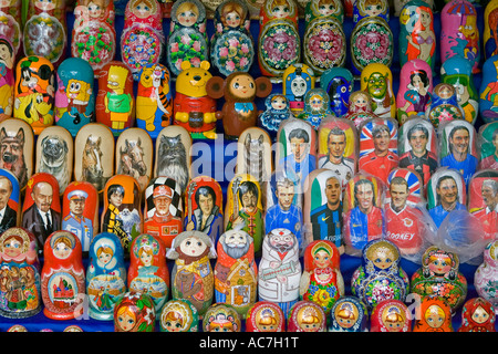 Traditional and non traditional Baboushka or Matrioshka souvenirs at a Market stand in Moscow Stock Photo