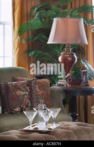 Sitting Room Living Room Den Parlor House Interior With Drink Glasses, USA Stock Photo