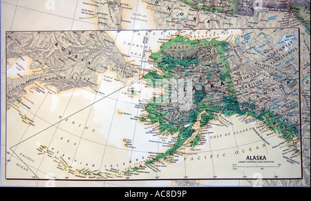 A close view of the state of Alaska, USA on a fine, detailed and colorful United States map. Stock Photo