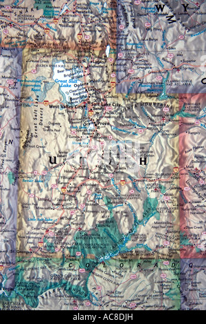 A close view of the state of Utah in the USA on a fine, detailed and colorful United States map. Stock Photo