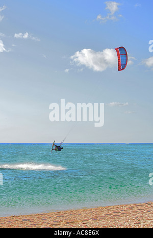 Very strong winds ensured an excellent kite surfing display - Mauritius Stock Photo
