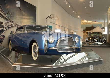 1953 Chrysler Ghia Special with 1955 Chrysler C300 in background at the Walter P Chrysler Museum Stock Photo
