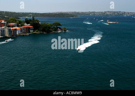 Jet-boat racing across Sydney harbor, New South wales Australia. Stock Photo