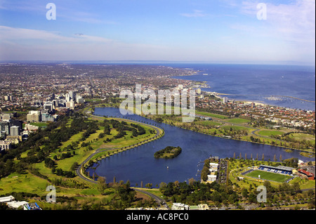 Albert Park Lake and Port Phillip Bay Melbourne Victoria Australia aerial Stock Photo