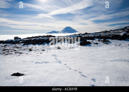 Footsteps in Snow and Mt Ngauruhoe Tongariro National Park Central Plateau North Island New Zealand Stock Photo