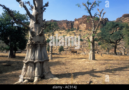 Scenic view of Dogon village near Bandiagara escarpment, Dogon country Mali Stock Photo