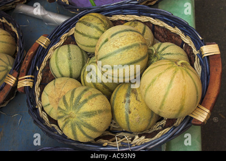 Cantaloupe melone (Cucumis melo var. cantalupensis), in a basket, France, Provence Stock Photo