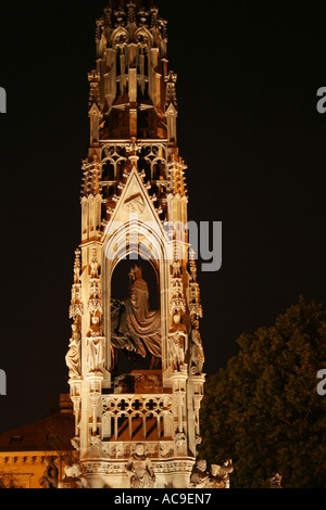 Close-up of the Illuminated Kranner's Fountain at Night, Neo-Gothic Architectural Detail, Prague, Czech Republic Stock Photo