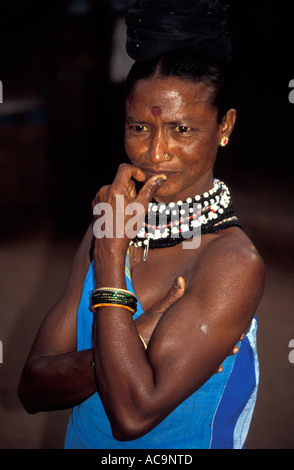 Pensive Indian woman in market, Gokarn, Karnataka, South India Stock Photo
