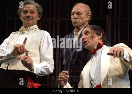 Paul Shelley as Sir Toby Belch (left) Patrick Stewart as Malvolio and Michael Feast as Feste (right) in Twelfth Night, Chichester Theatre, West Sussex Stock Photo