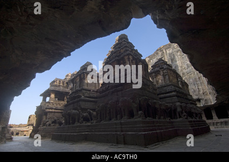 The inner courtyard from the back of the Kailasanatha Temple of Cave 16. Stock Photo