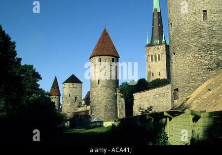 City wall, towers, St. Olaf church, Tallinn, Estonia Stock Photo