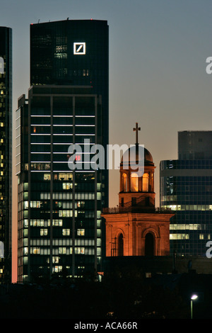 Skyline of Frankfurt with the Deutsche Bank building and the Pauls Church, Frankfurt am Main, Hesse, Germany Stock Photo