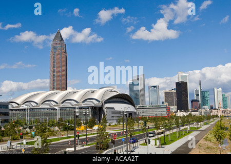Skyline with exhibition tower and exhibiton halls in the foreground, Frankfurt, Germany Stock Photo