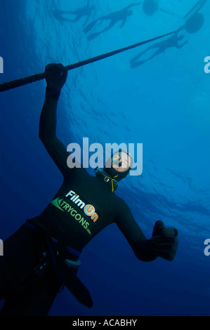 Herbert Nitsch breaks the new No Limits world freediving record diving to 214m 700ft in Spetses Greece Stock Photo