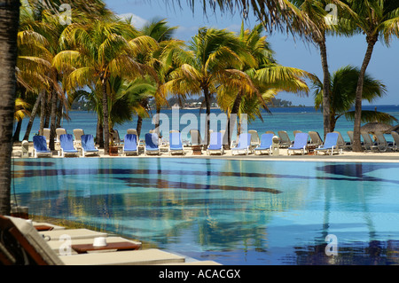 Hotel pool, sea view, Trou Biches, Mauritius, Mascarene Islands, Indian Ocean Stock Photo