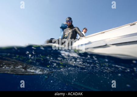 Herbert Nitsch breaks the new No Limits world freediving record diving to 214m 700ft in Spetses Greece Stock Photo