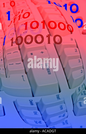 Computer keyboard digitally manipulated with binary code, conceptual. Stock Photo