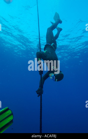 Herbert Nitsch breaks the new No Limits world freediving record diving to 214m 700ft in Spetses Greece Stock Photo