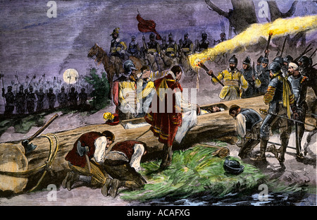 Burial of DeSoto in the Mississippi River to keep his death secret from hostile Native Americans 1542. Hand-colored halftone of an illustration Stock Photo