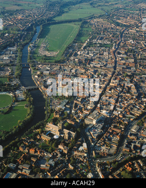 Worcester city centre with River Severn and Cathedral and horse race track aerial view Stock Photo