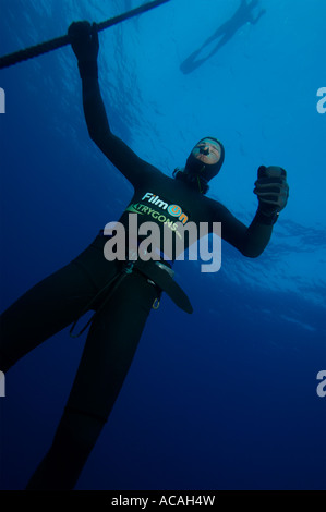 Herbert Nitsch breaks the new No Limits world freediving record diving to 214m 700ft in Spetses Greece Stock Photo