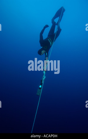 Herbert Nitsch breaks the new No Limits world freediving record diving to 214m 700ft in Spetses Greece Stock Photo