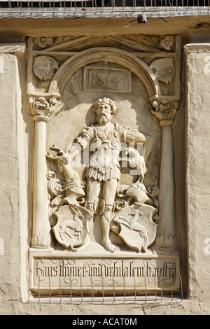 Relief at Hotel Zum Goldenen Kreuz, Haidplatz, Regensburg, Upper Palatinate, Bavaria, Germany Stock Photo