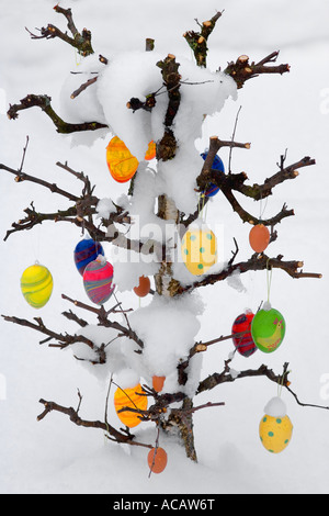 Snow covered Easter tree with eggs Stock Photo
