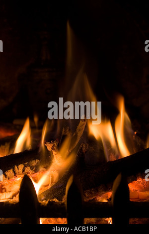 Close up macro shot of flames in a fireplace Stock Photo