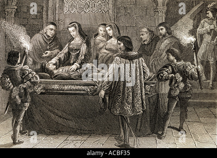 Juana la Loca gazing upon the body of her dead husband Felipe el Hermoso.  Joanna of Castile aka Joanna the Mad. Philip I of Castile aka the Handsome. Stock Photo