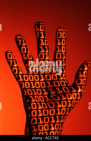 binary code image projected on human hand Stock Photo