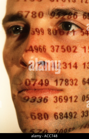 random numbers image projected on male face Stock Photo