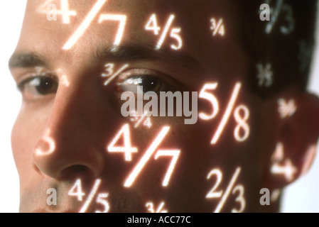image of random fractions projected on business man s face Stock Photo