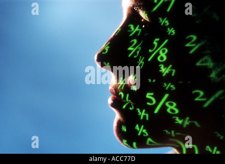 image of random fractions projected on business woman s face abstract Stock Photo