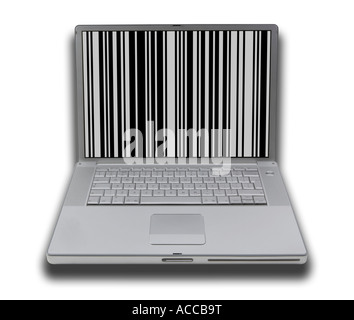 LAP TOP NOTE BOOK PERSONAL COMPUTER WITH SCREEN DISPLAYING PICTURE OF BAR CODE Stock Photo