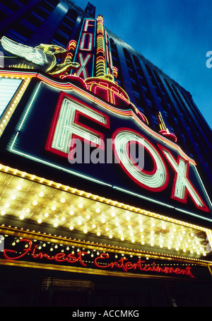 Fox Theater marque on Woodward Avenue in downtown entertainment district, Detroit, Michigan, USA Stock Photo