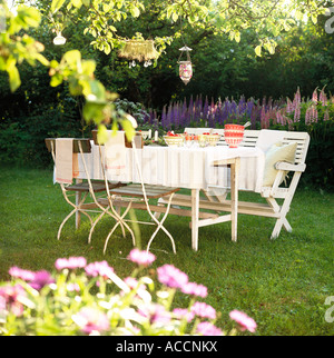 A set table in a garden. Stock Photo